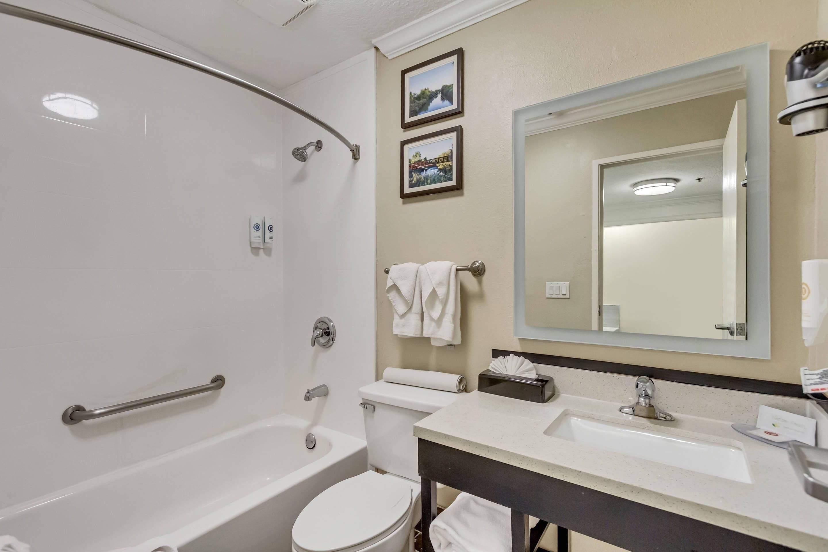 Une salle de bain moderne équipée d’une baignoire, de toilettes et d’un lavabo.