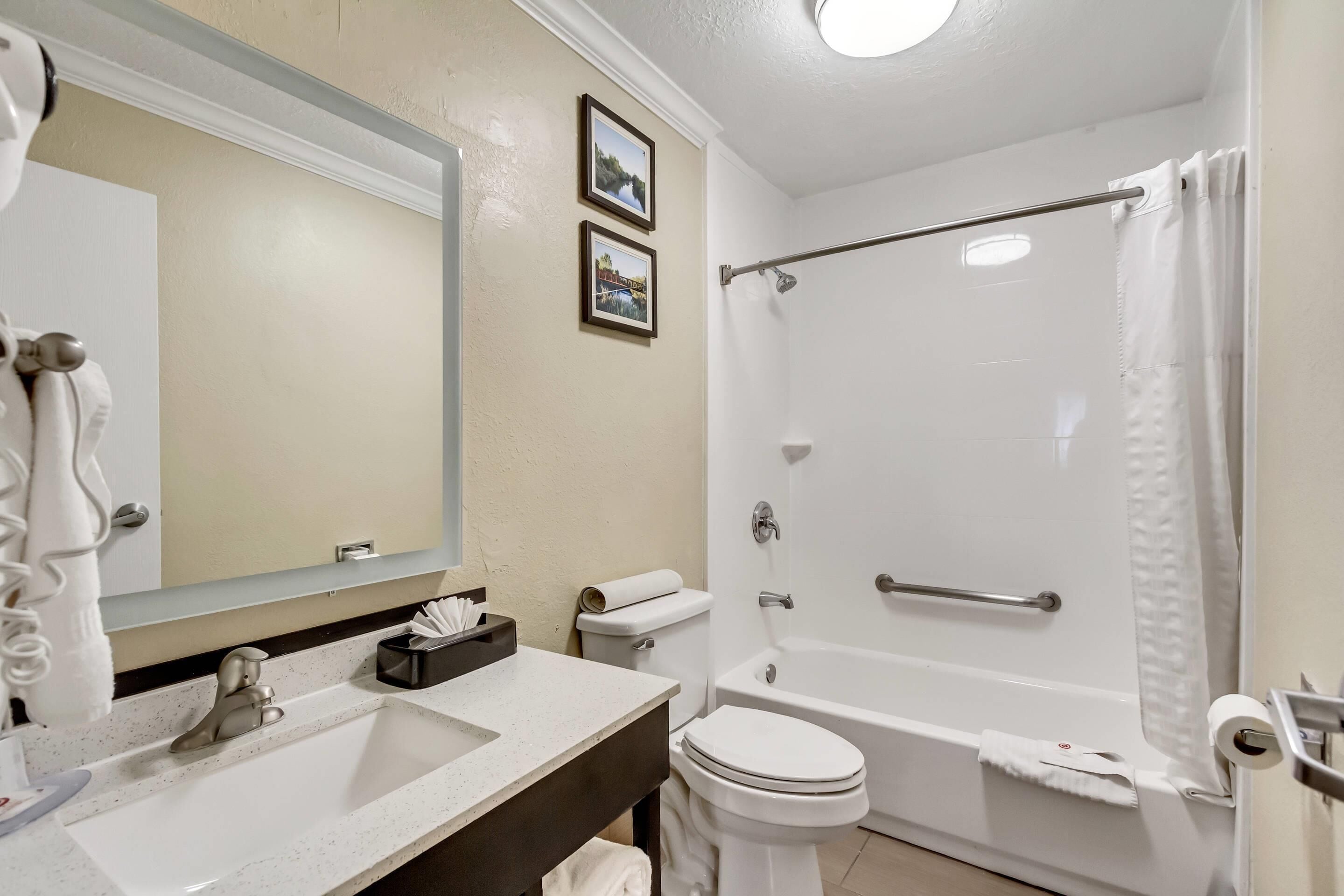 A bathroom with a sink, toilet, and bathtub. There are two framed pictures on the wall.