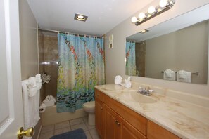 Une salle de bain avec un rideau de douche, un lavabo, des toilettes et un miroir.