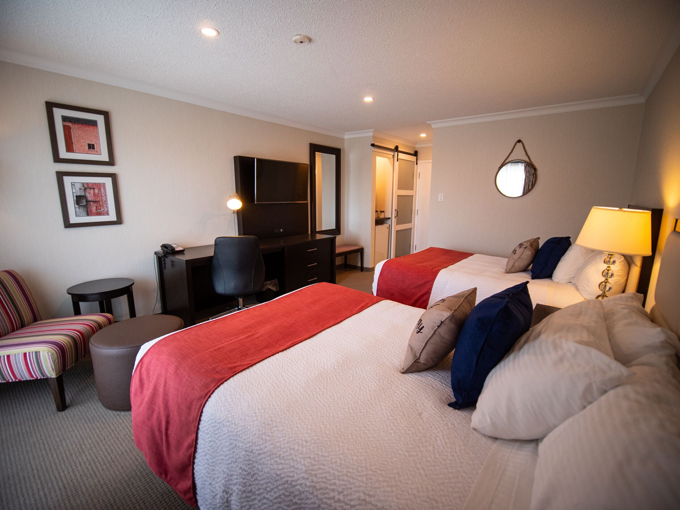 Hypo-allergenic bedding, desk, laptop workspace, blackout curtains