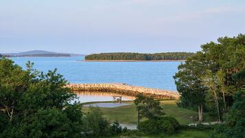 Blick auf einen See mit steiniger Uferlinie, einem Gazebo und dichter Vegetation.