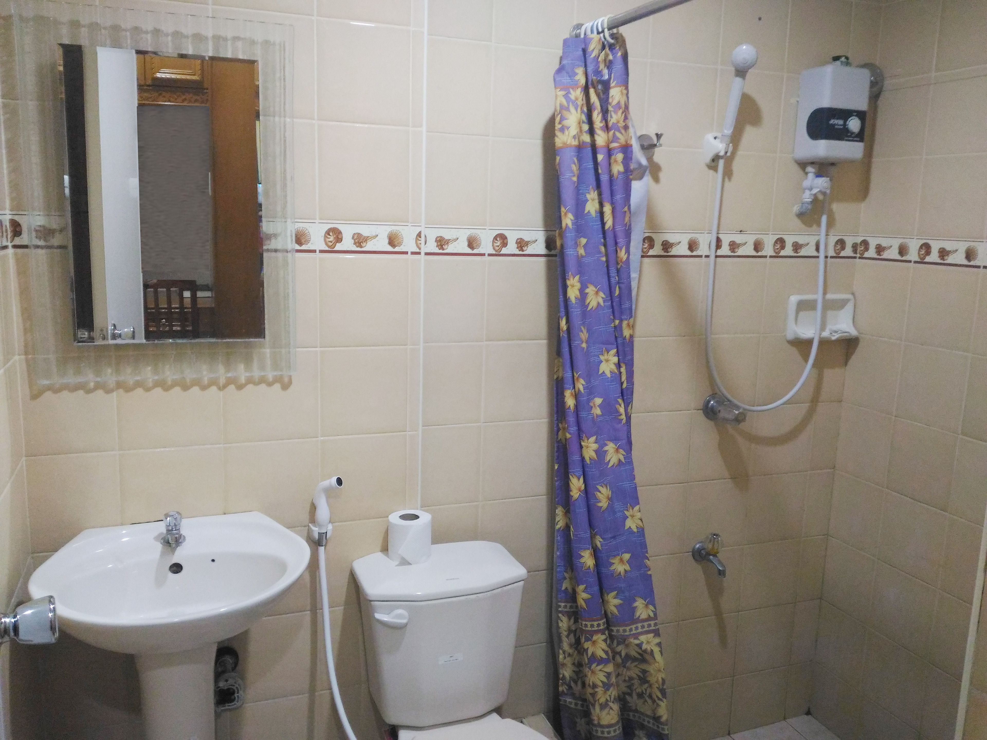 A bathroom with a sink, toilet, shower, and a mirror.