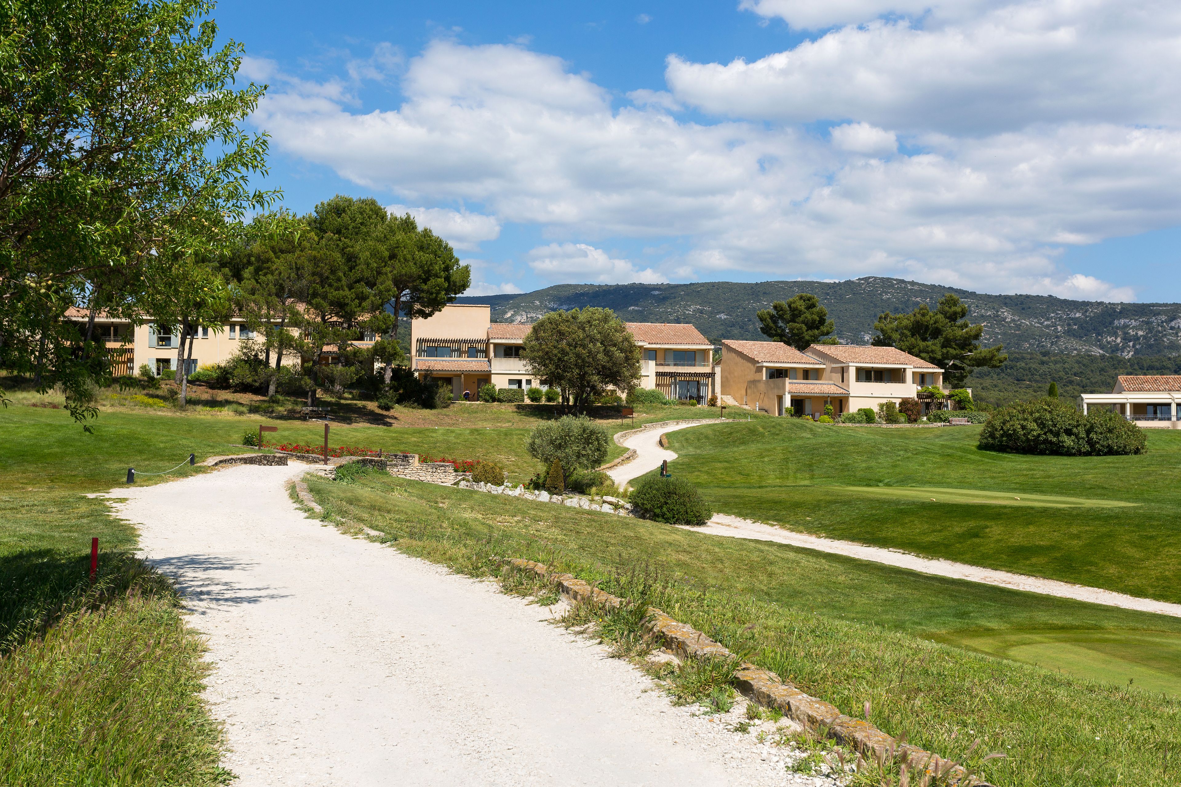 A pathway leading to a row of buildings with a mountain backdrop.