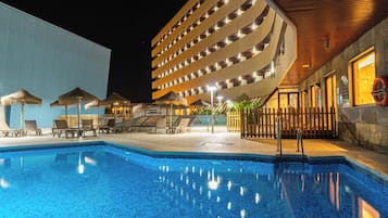 Seasonal outdoor pool, pool umbrellas, pool loungers