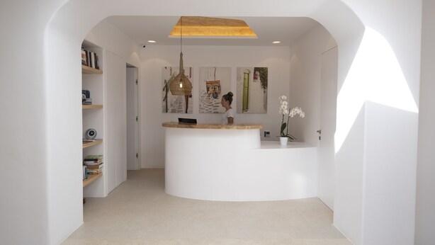 A reception area with a curved reception desk, a hanging light fixture, a wall-mounted artwork, and a potted plant. - Argo Hotel (Mykonos)