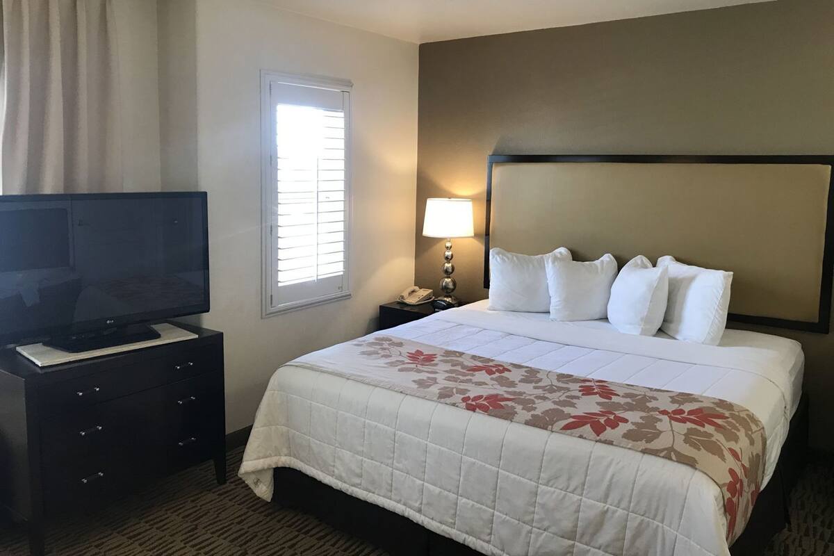 A hotel room with a bed, a TV on a dresser, a nightstand with a lamp, and a window with blinds.