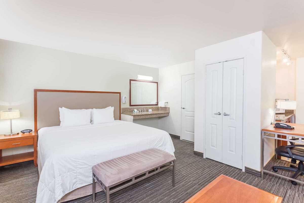 A hotel room with a large bed, a desk, a chair, a bench, a mirror, a vanity with a sink, and a wardrobe.