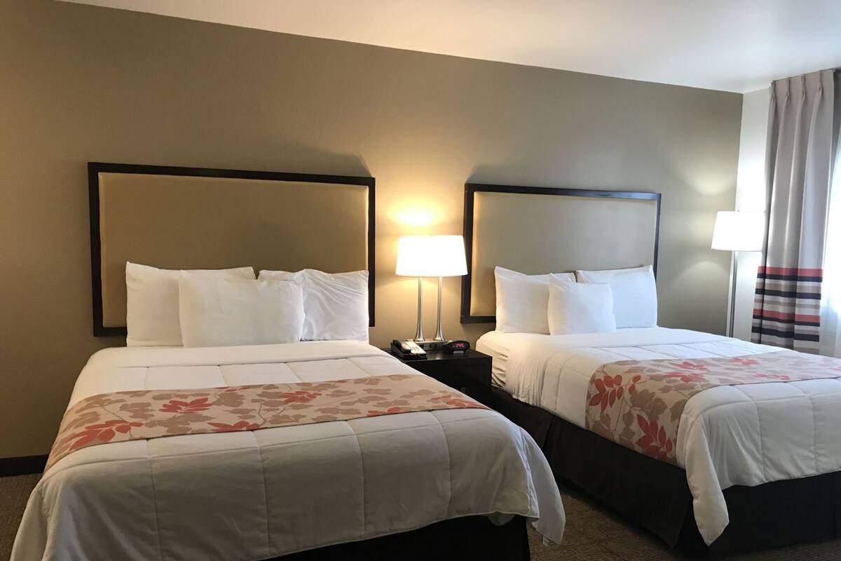 A hotel room with two beds, a nightstand with a lamp, and a window with curtains.