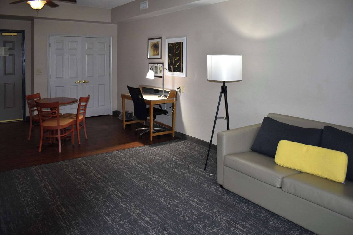 A living room with a sofa, a dining table with chairs, a desk with a chair, a floor lamp, and a door.