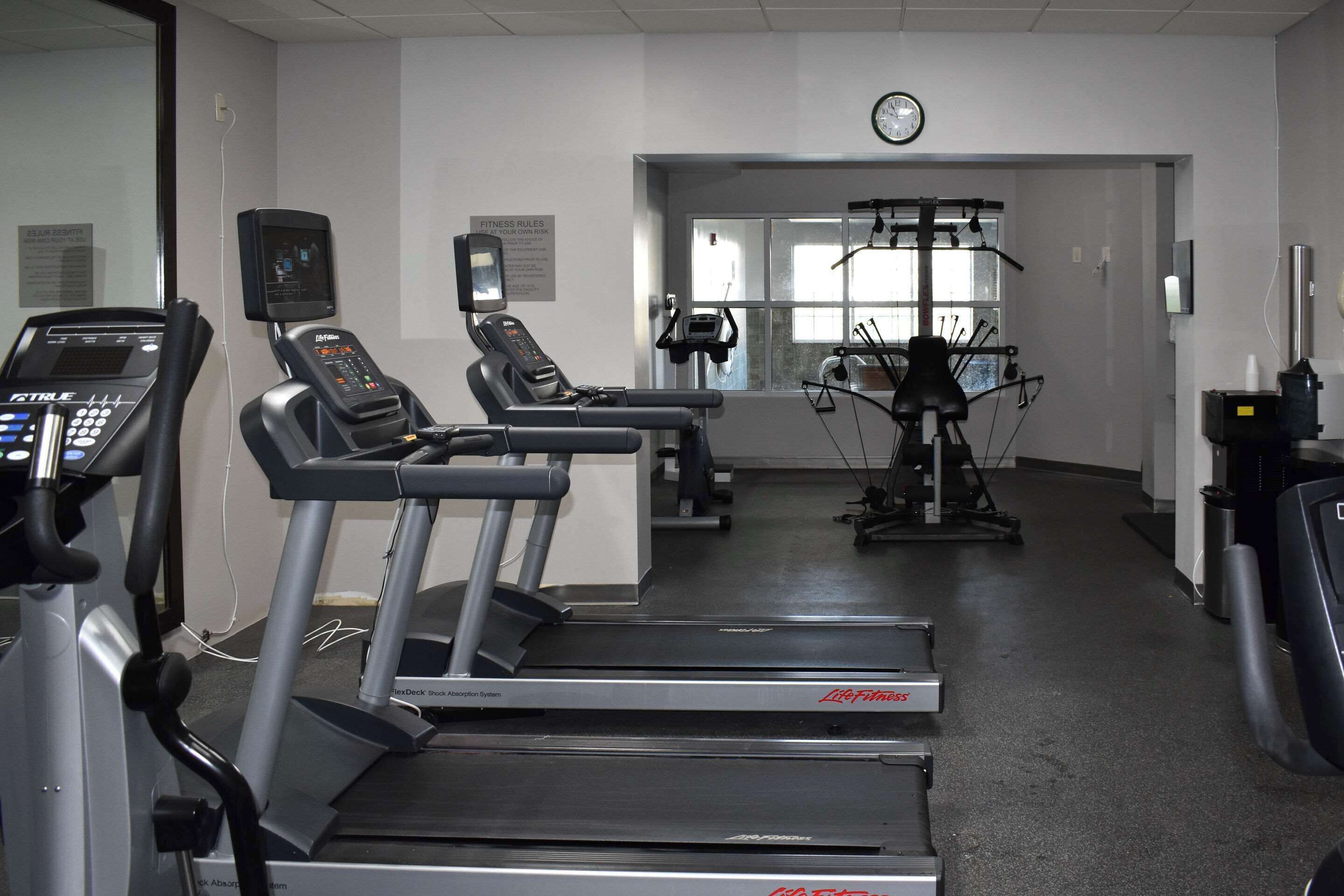 A gym with treadmills, exercise bikes, and a rowing machine.