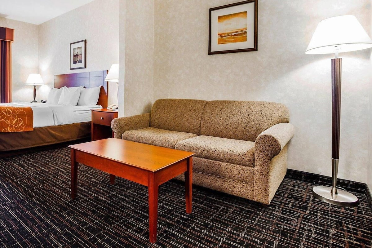 A hotel room with a bed, a sofa, a table, and a lamp.