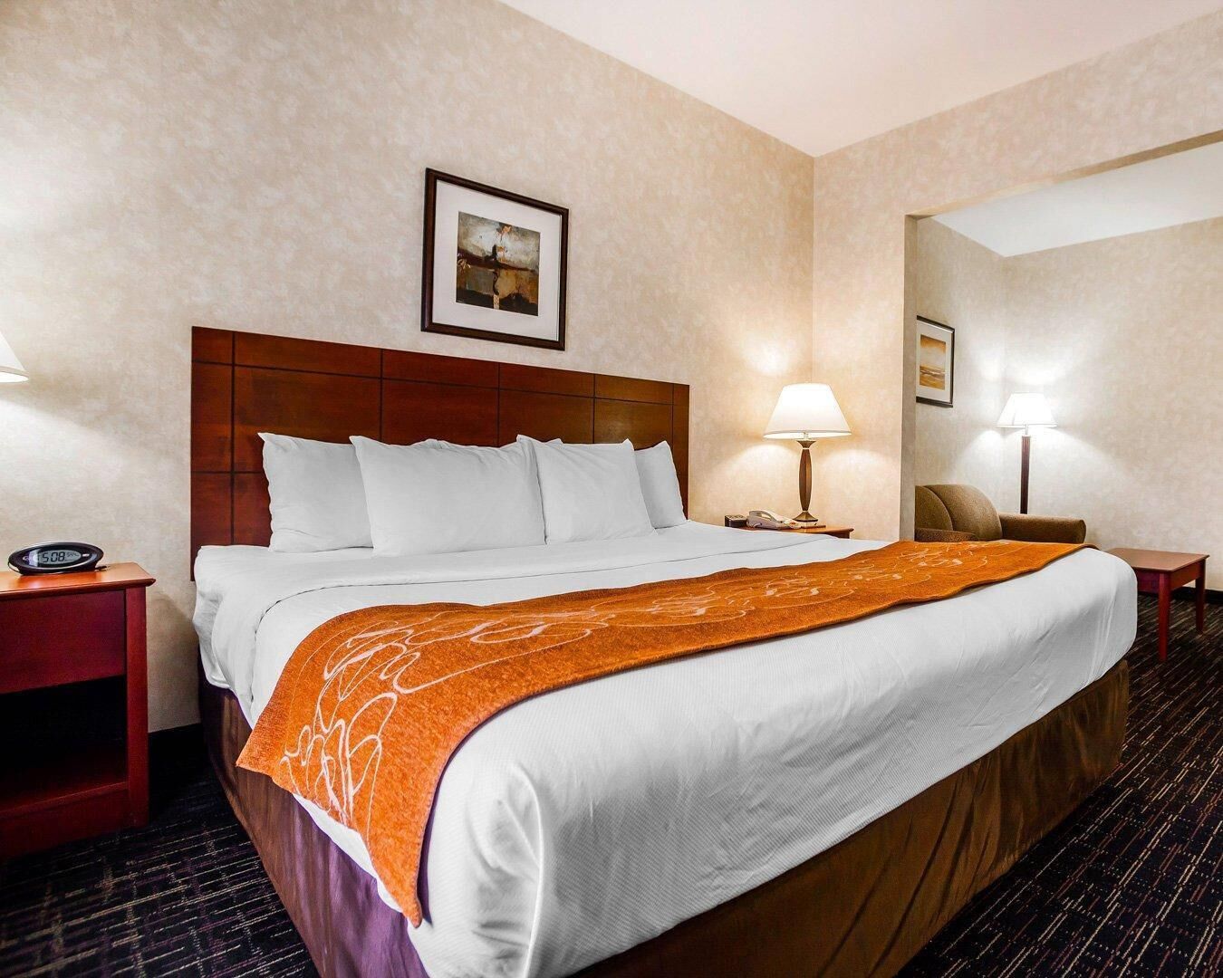 A hotel room with a large bed, two bedside tables, a nightstand, a chair, and a framed picture on the wall.