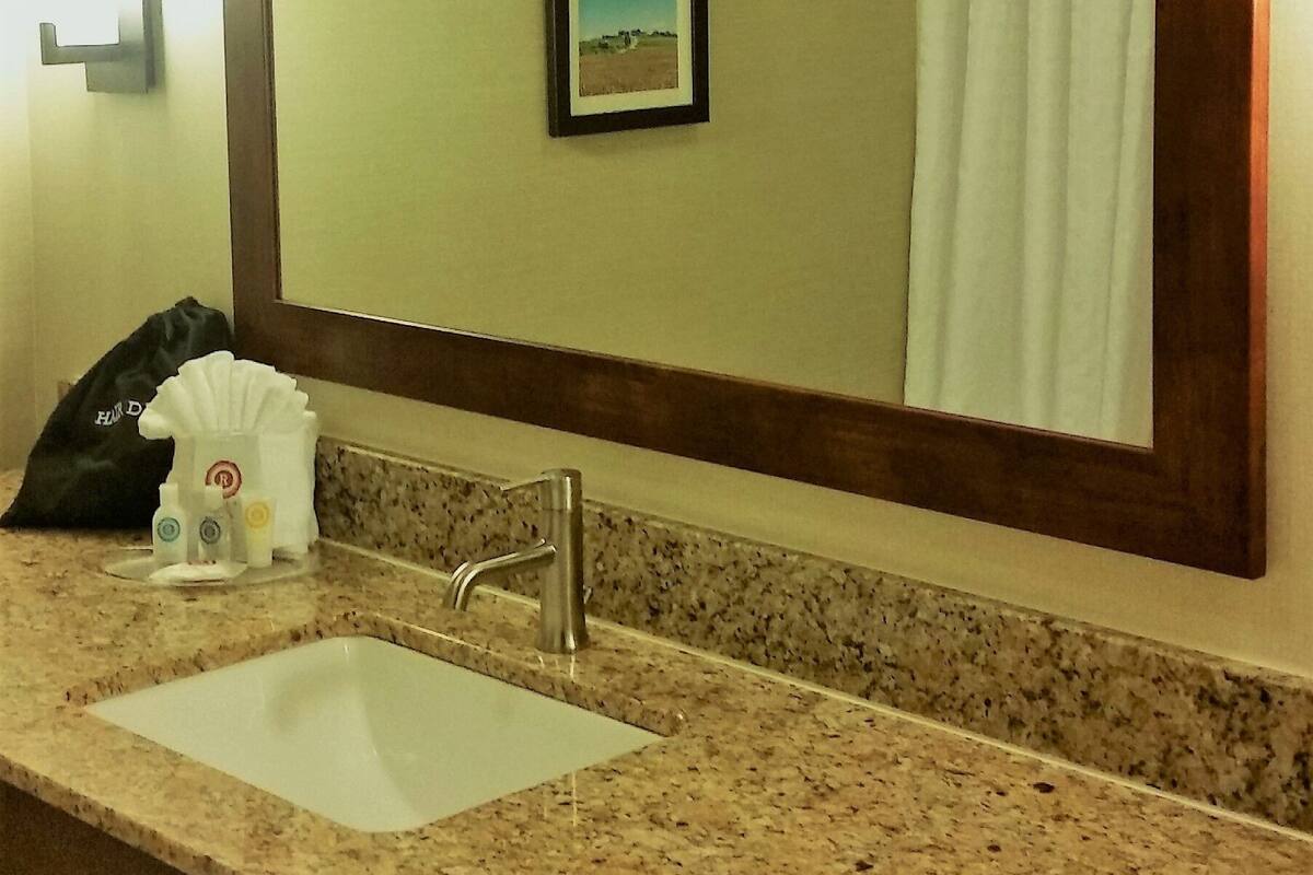 A hotel bathroom with a large mirror, a sink, and two framed pictures on the wall.