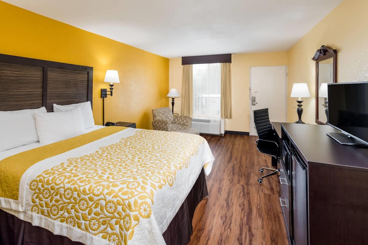 A hotel room with a large bed, a desk, a chair, a television, and a window with curtains.