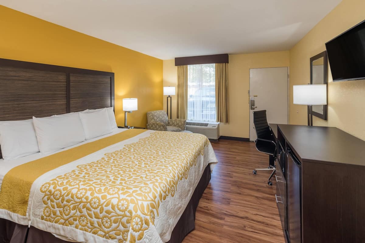 A hotel room with a large bed, a desk, a chair, a TV, and a window with curtains.