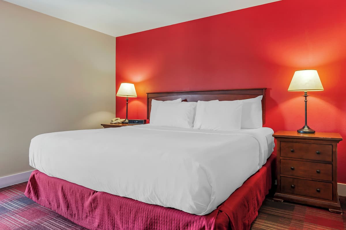 Una cama bien tendida con sábanas blancas y falda rosa, una mesita de noche de madera con una lámpara, y una pared roja.