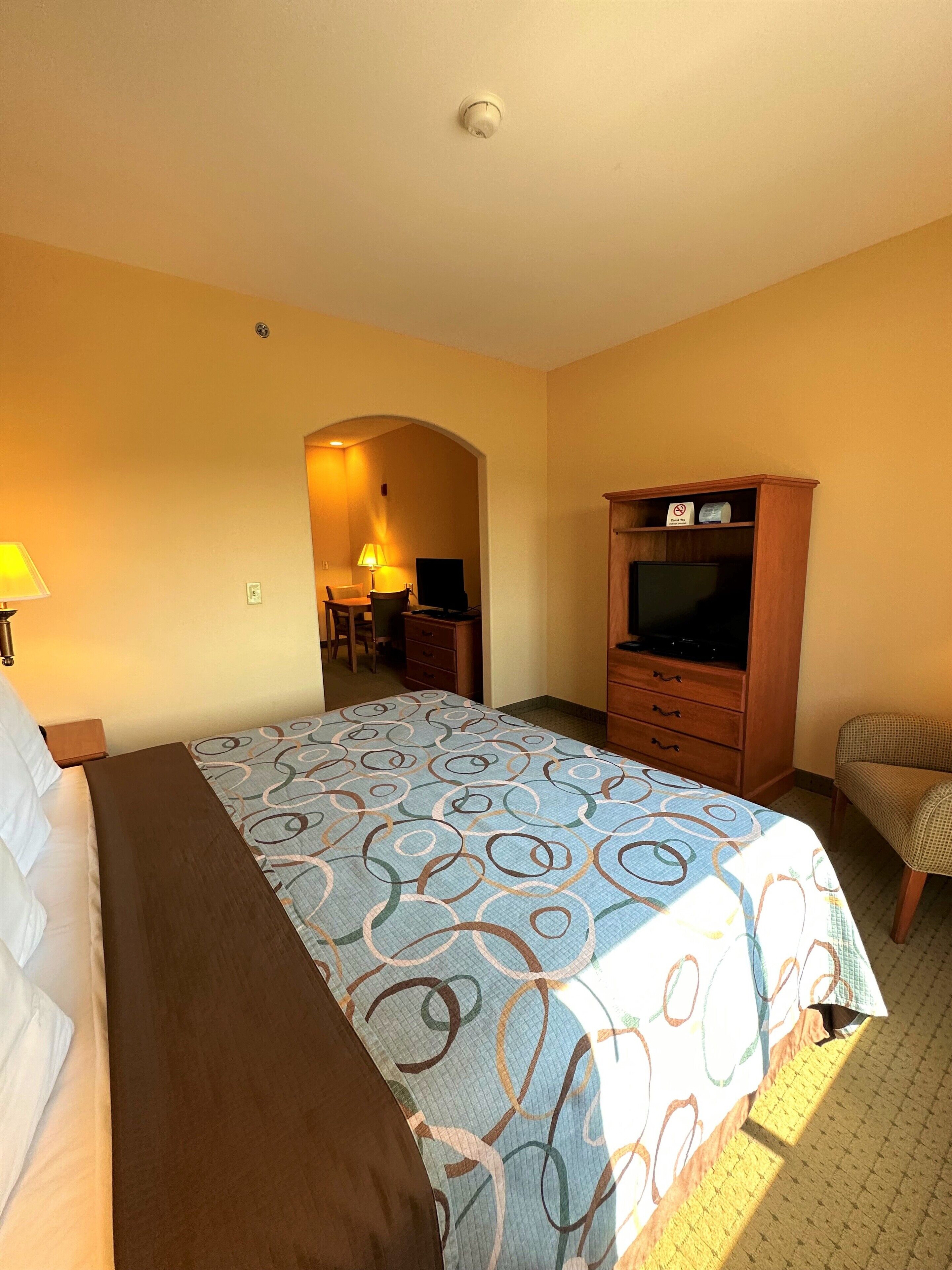 Una habitación de hotel con cama, escritorio, televisor y armario.