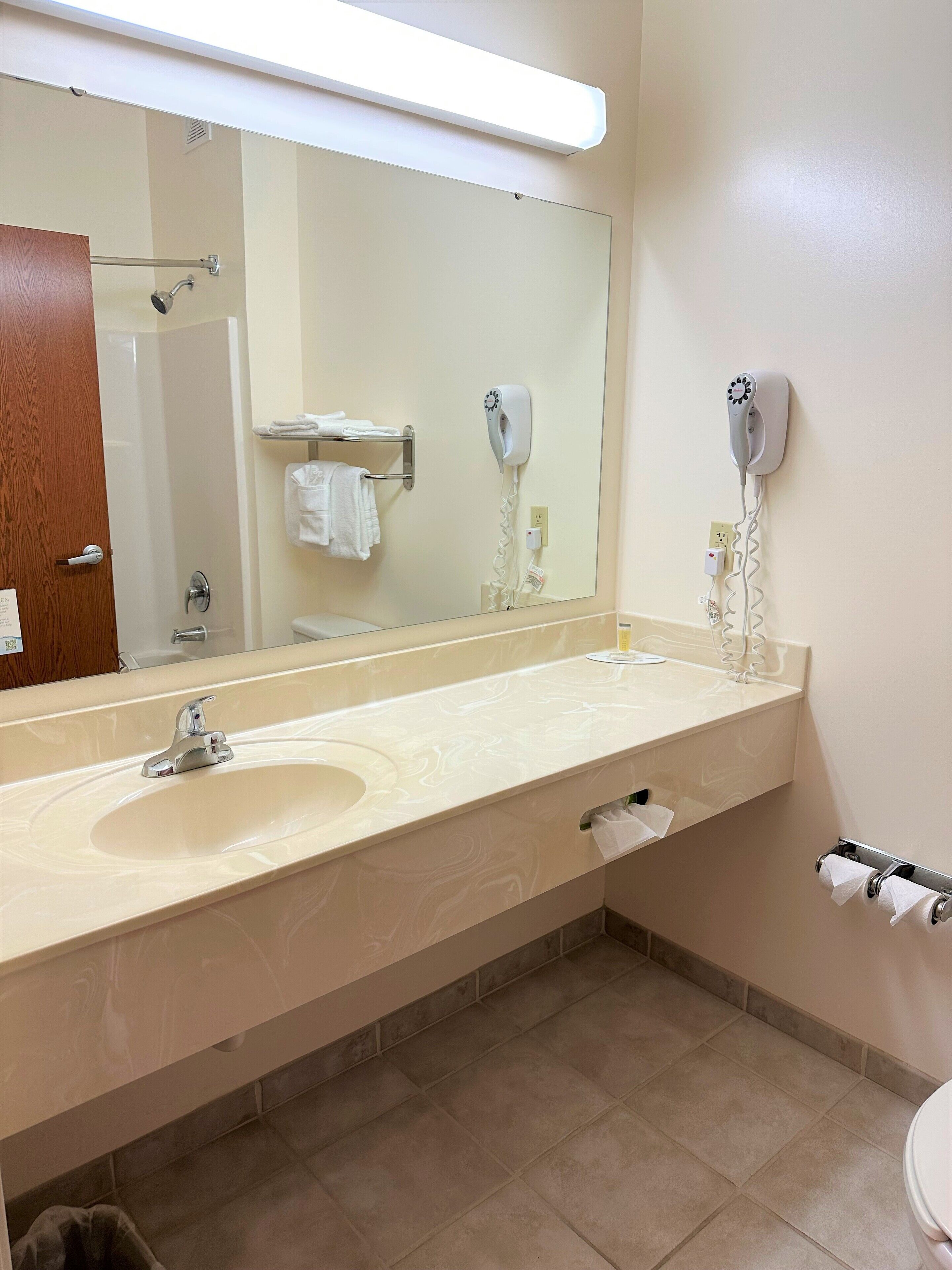 A bathroom with a large mirror, a sink, a towel rack, and a hairdryer.