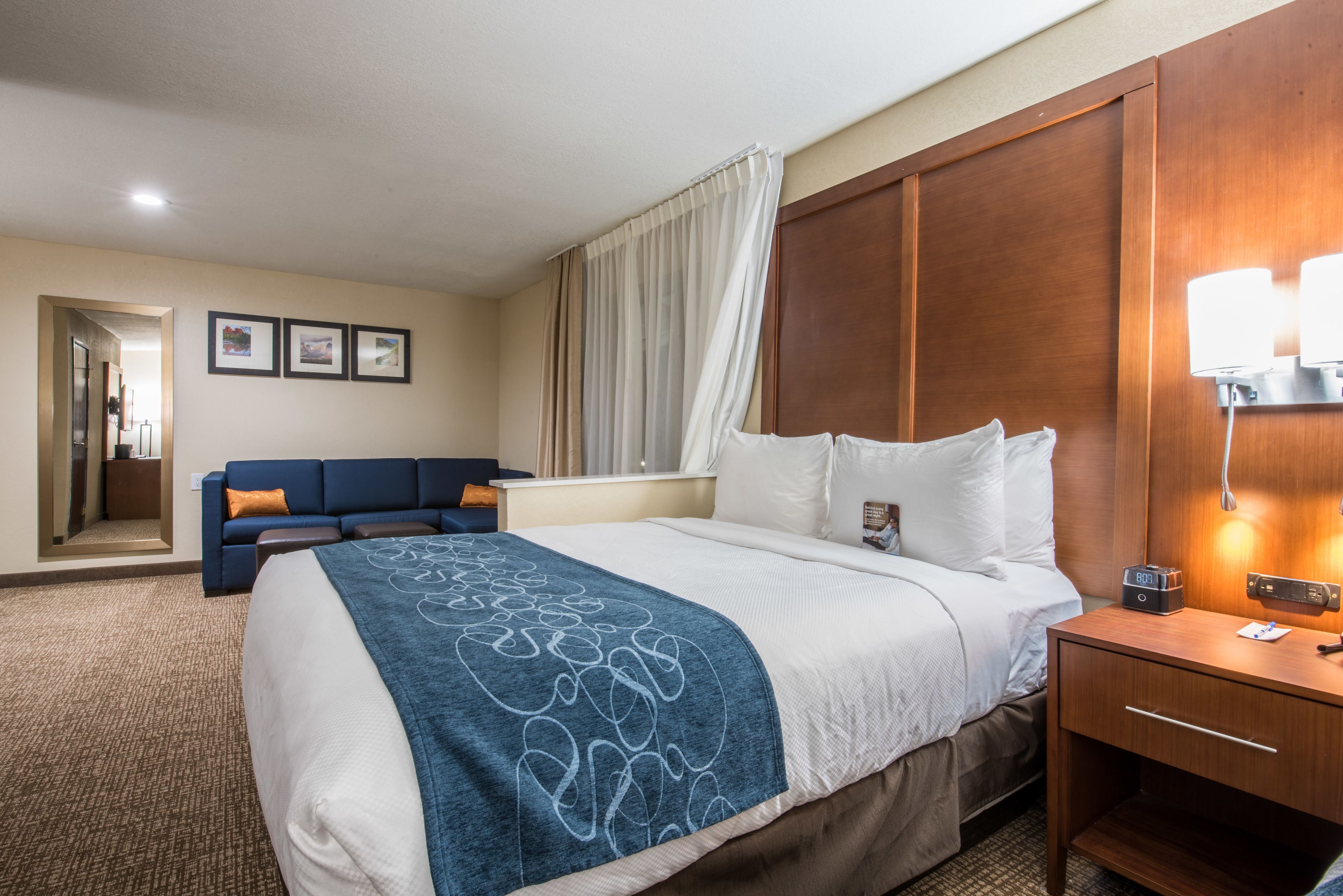 A hotel room with a large bed, a bedside table with a lamp, a nightstand, a blue sofa, and a view of the hallway.