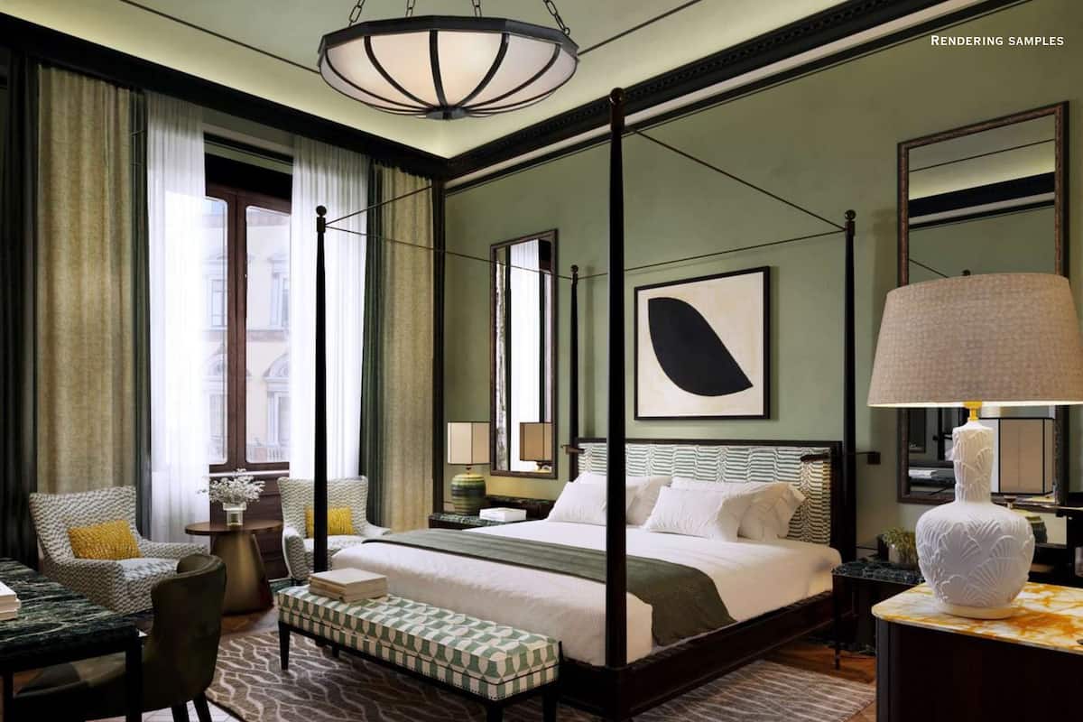 ميني بار وخزنة داخل الغرفة ومكتب ومساحة عمل للكمبيوتر المحمول