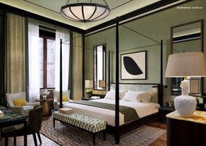 A spacious bedroom with a four-poster bed, a large mirror, and a modern chandelier. - Palazzo Ruspoli (Florence)