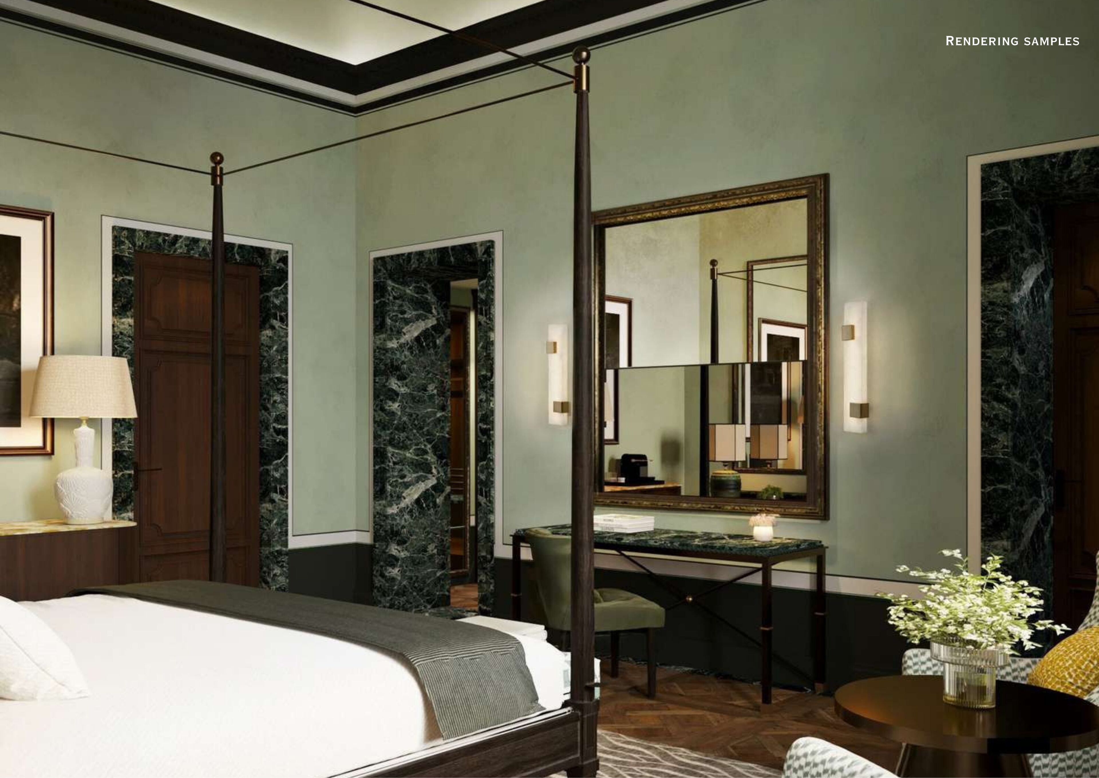 Une chambre d’hôtel moderne avec un grand lit, un bureau, une chaise, une table ronde ornée d’un vase et un grand miroir.