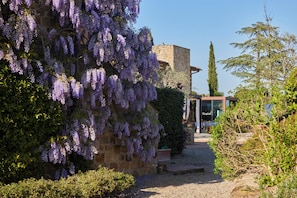 Un edificio in pietra con un vialetto sterrato che conduce a un ingresso con porta in vetro.