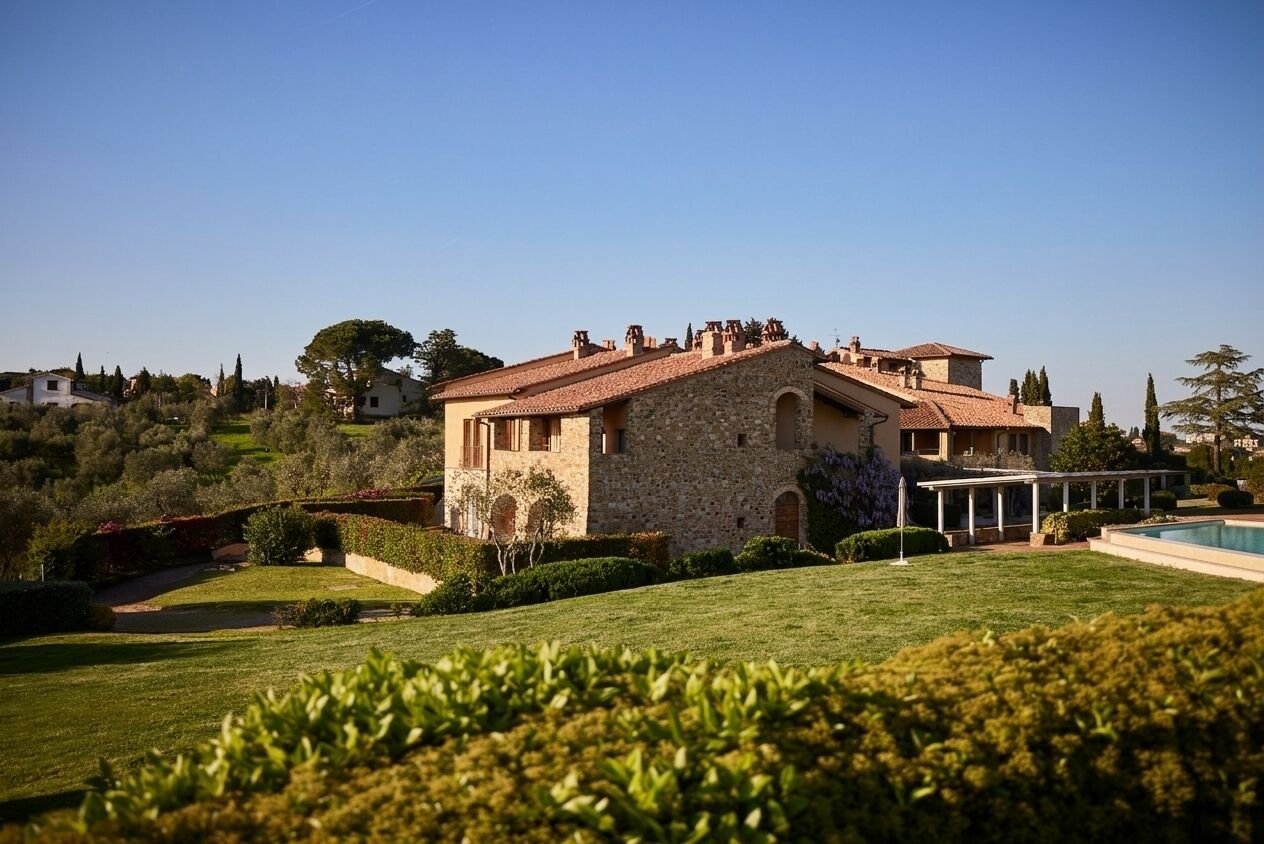 A stone villa with a swimming pool, surrounded by well-maintained gardens and a clear sky.