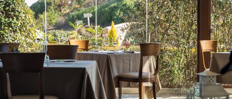 Un área de comedor al aire libre con mesas y sillas, rodeada de plantas en macetas y vistas a colinas.