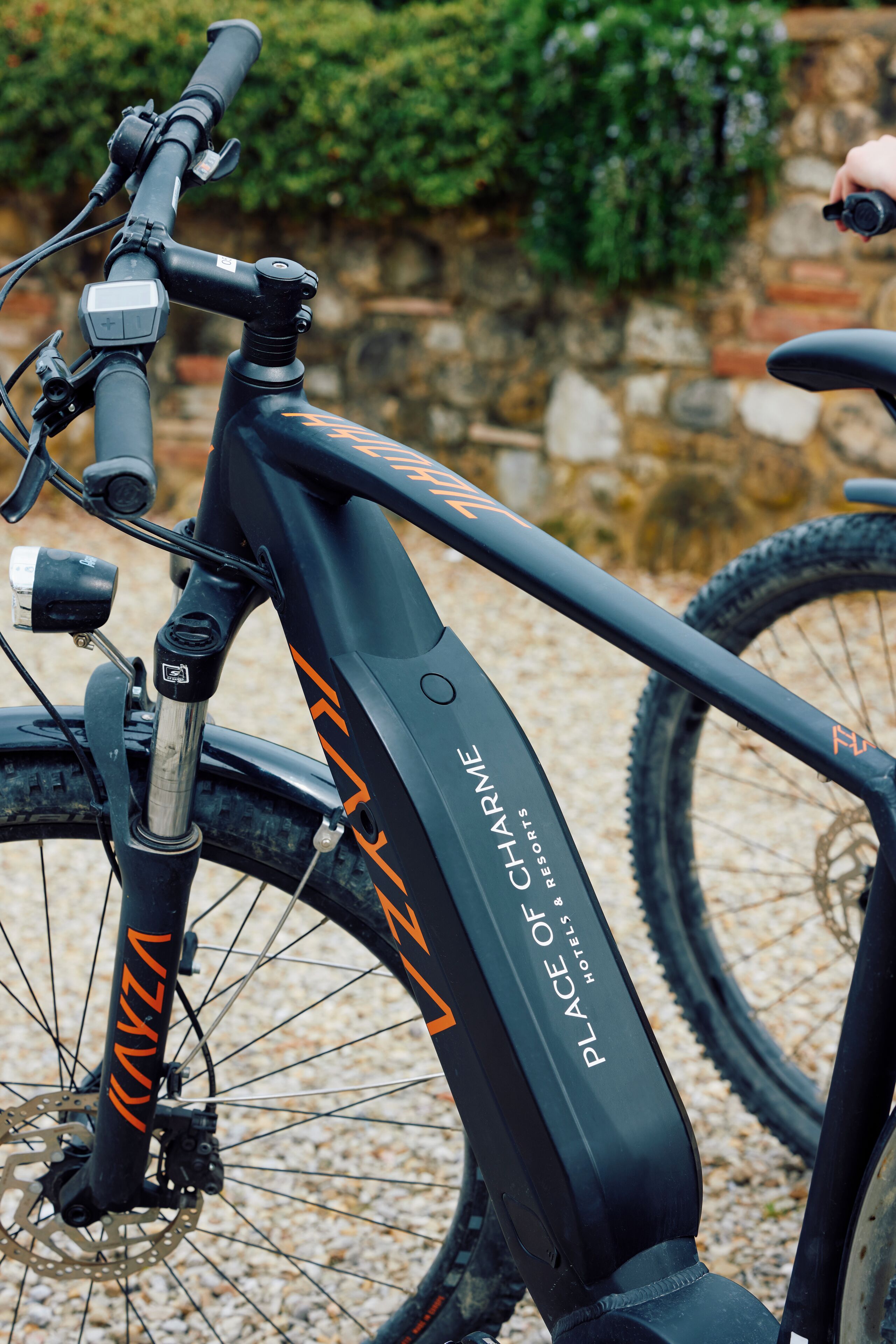 A close-up of a bicycle with the text "PLACE OF CHAMELIE" and "HOTELS & RESORTS" on the frame.