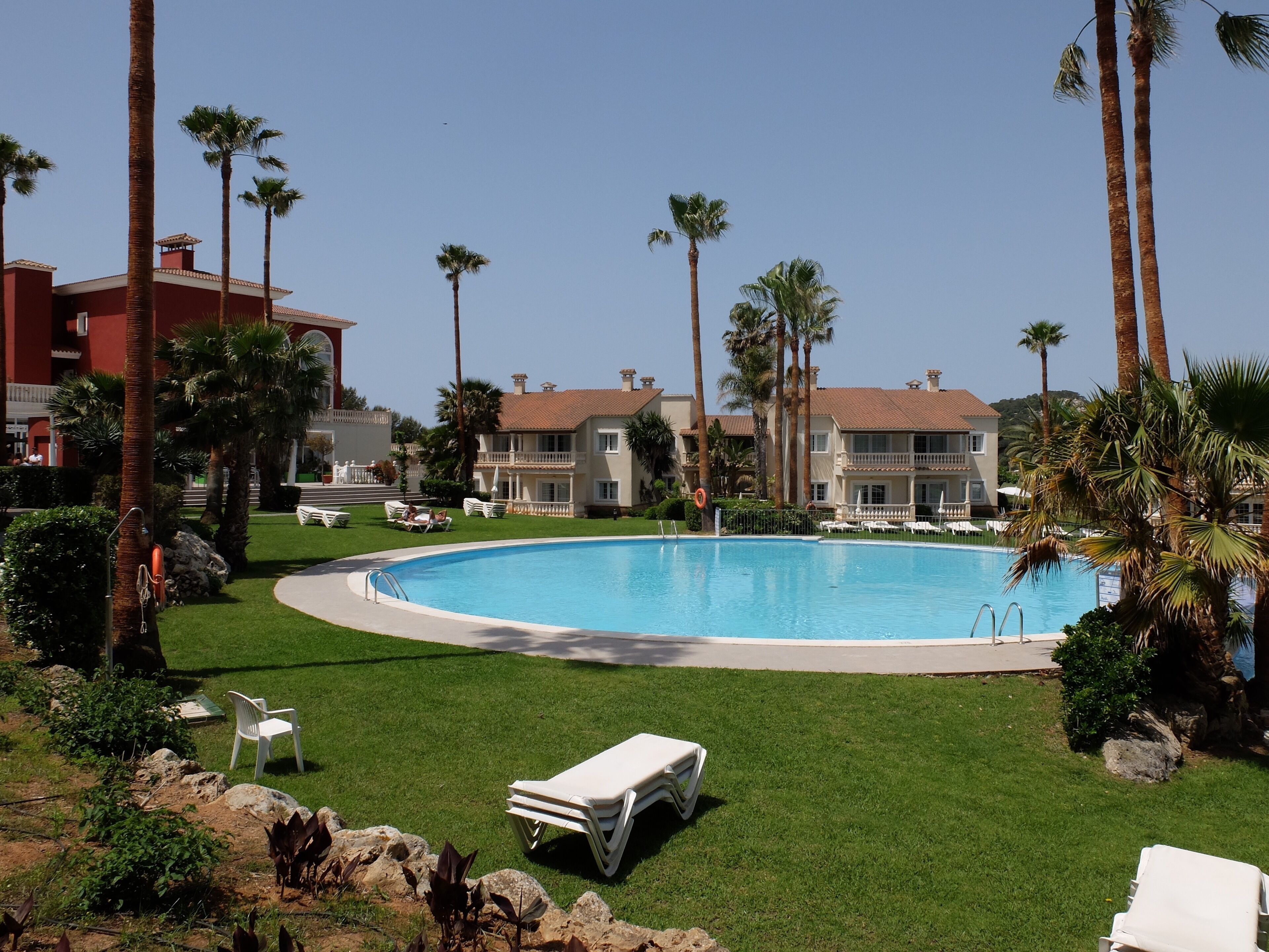 Una piscina rodeada de palmeras y sillas de descanso, con un edificio al fondo.