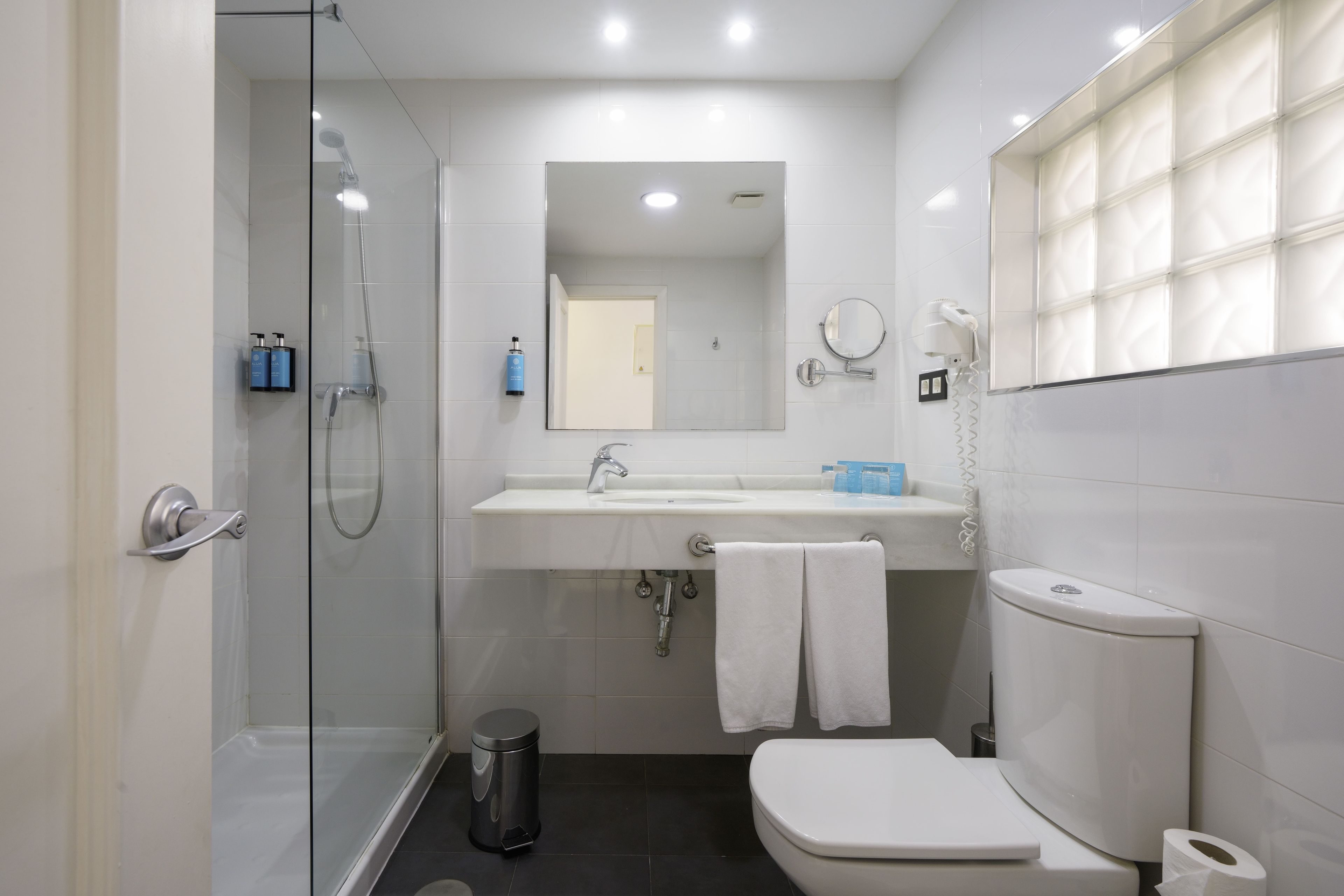 Une salle de bain moderne avec une douche à parois de verre, un lavabo blanc avec un miroir au-dessus et des toilettes.