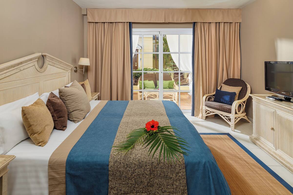 A hotel room with a large bed, a television, a chair, and a view of the outdoors.