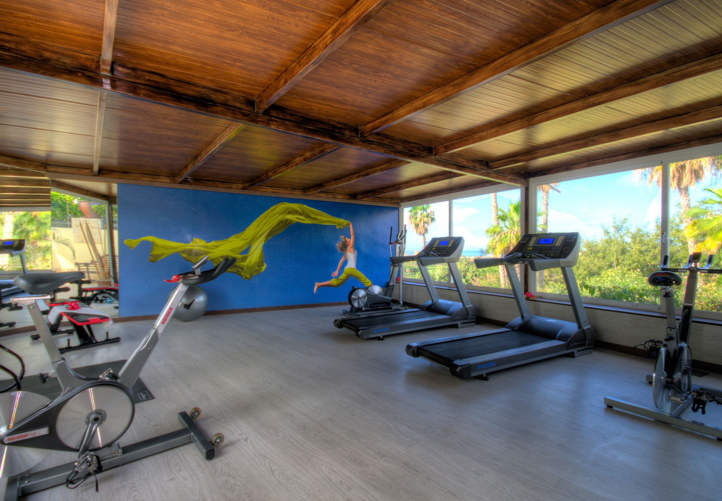 Un gimnasio con equipo de ejercicio, un mural azul en la pared y grandes ventanales con vista a palmeras.