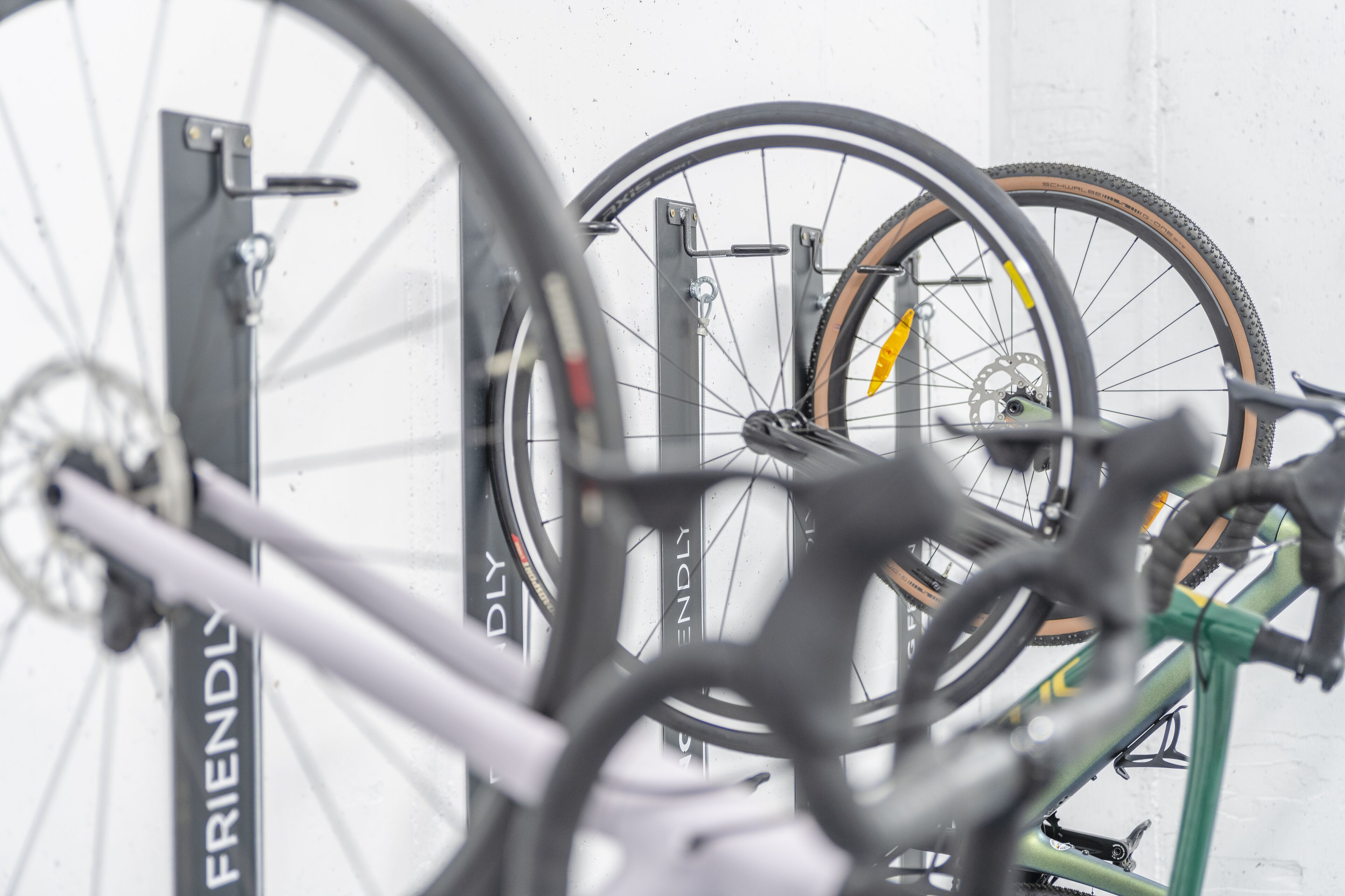 Bicycles mounted on a rack.