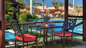A poolside area with a table and chairs, a hanging planter, and a view of the pool and palm trees. - GREEN GARDEN ECO RESORT & VILLAS (Arona)