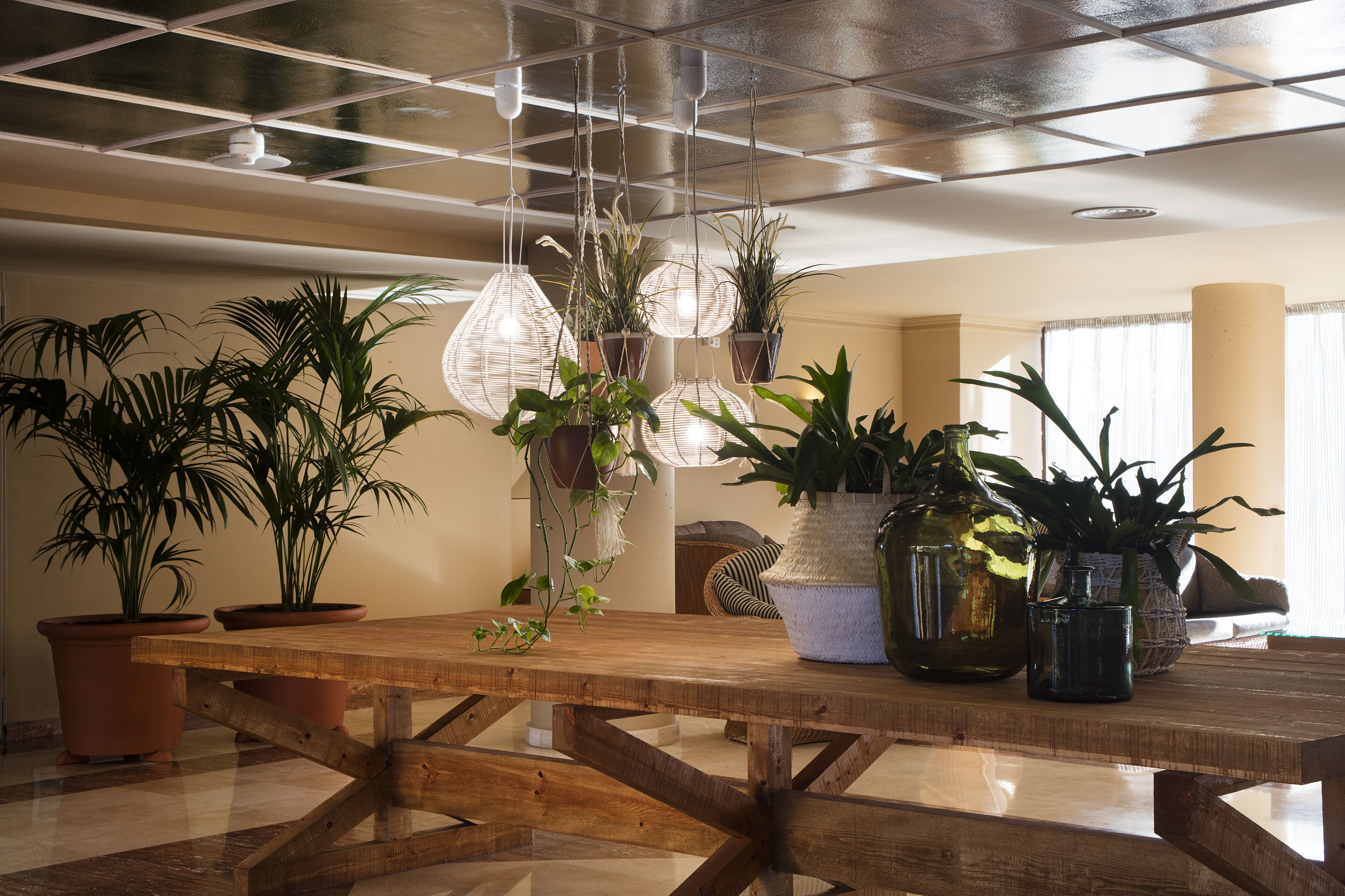 Un espace repas avec une table en bois, des luminaires suspendus et des plantes en pot.