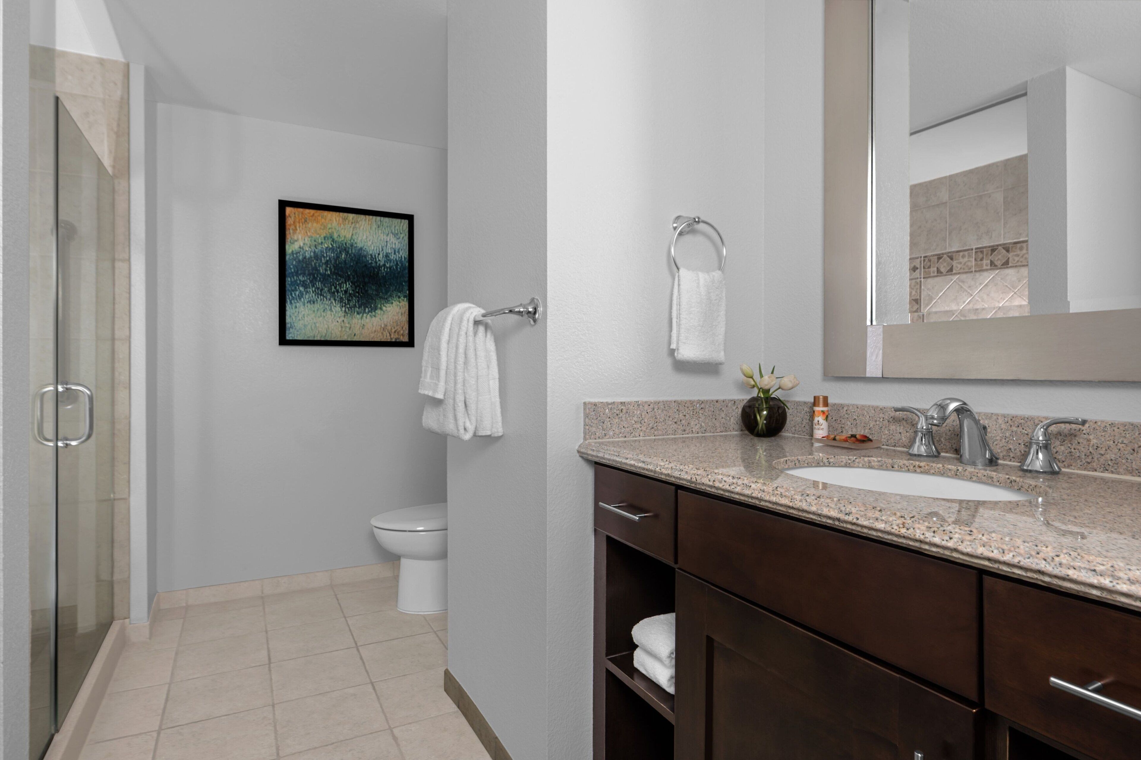 A modern bathroom with a glass shower enclosure, a white toilet, a granite countertop sink, and a dark wood vanity.