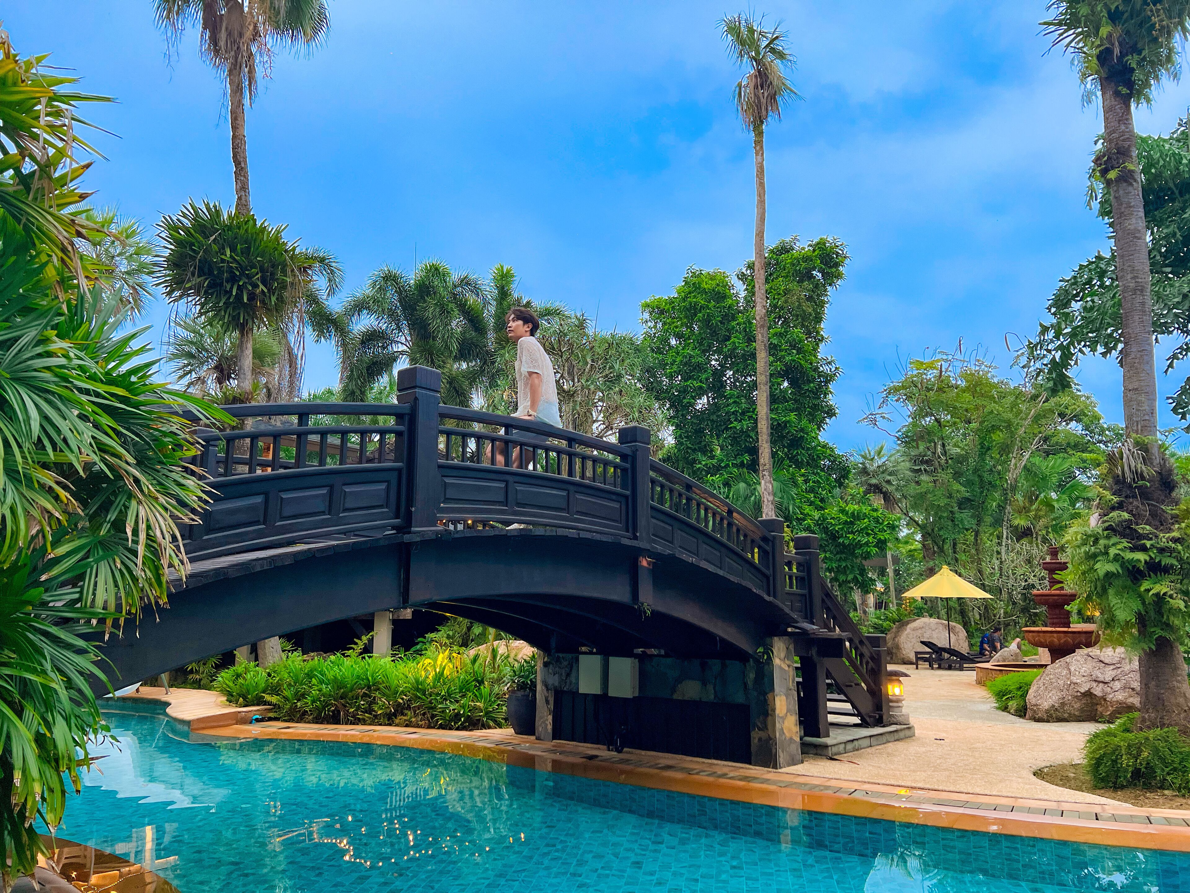 Un puente sobre una piscina con plantas tropicales y un cielo azul despejado.