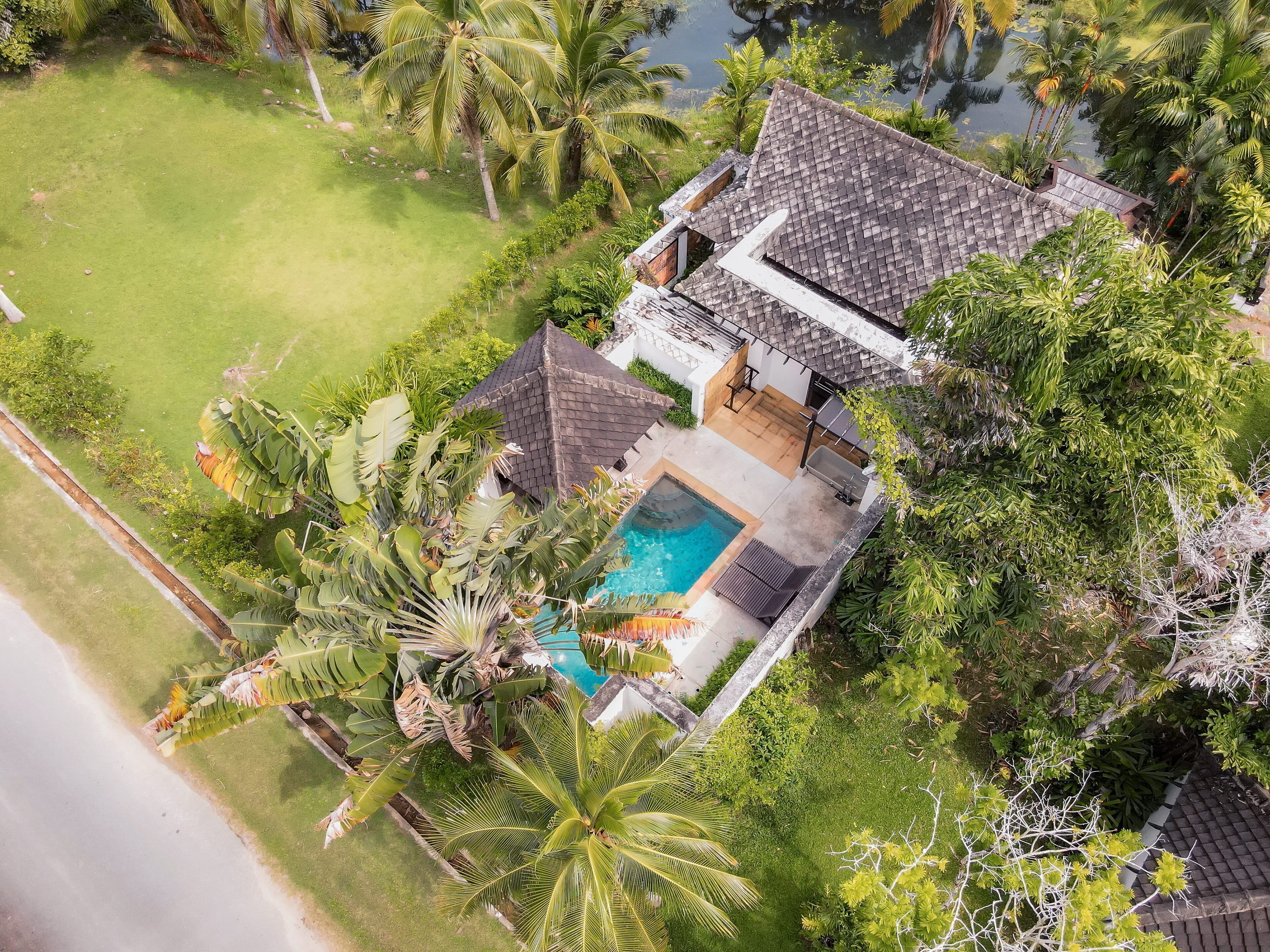 An aerial view of a house with a swimming pool, surrounded by lush greenery and palm trees.