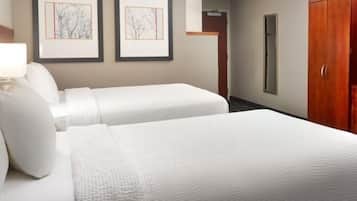 Premium bedding, down comforters, desk, laptop workspace