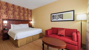 Desk, laptop workspace, blackout drapes, iron/ironing board