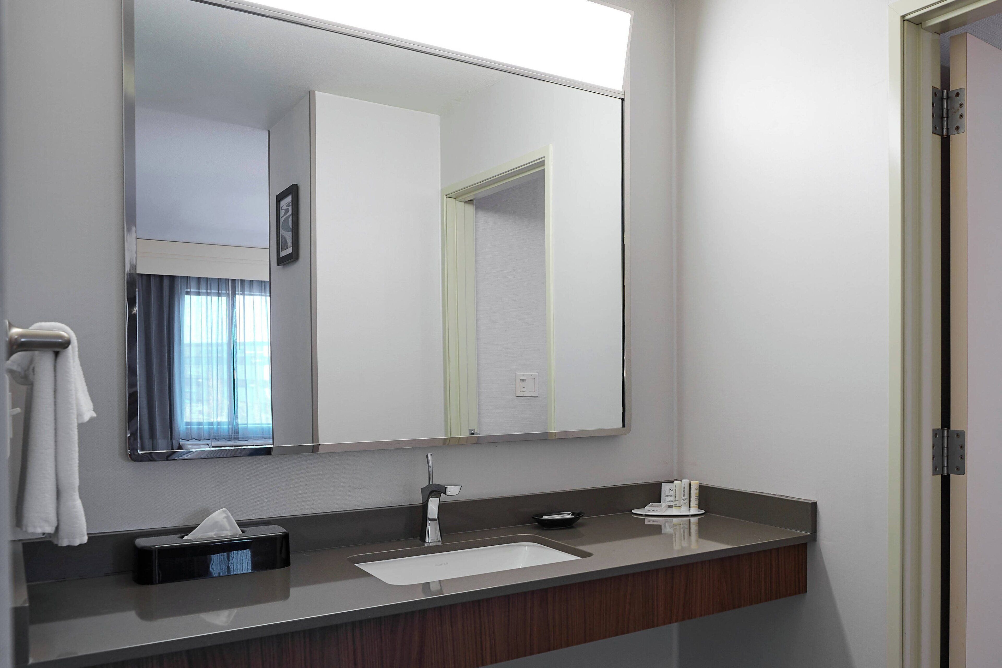 A modern bathroom with a large mirror, a sink, a towel rack, and a tissue box.
