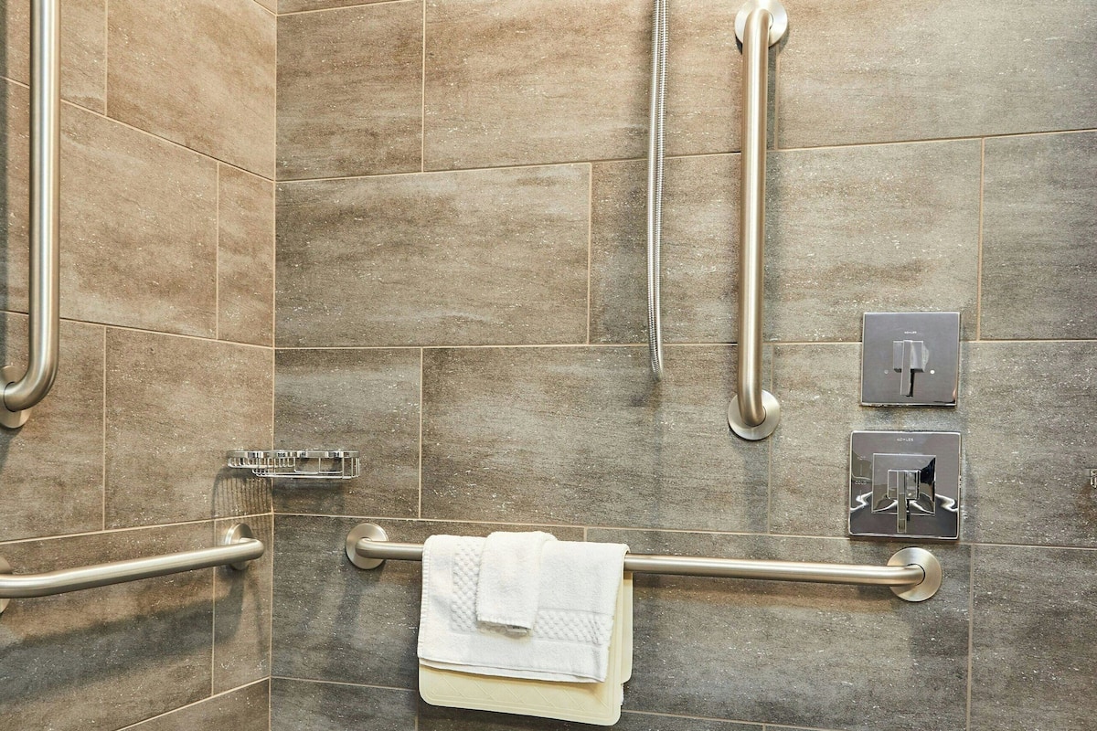 combined shower/bathtub, free toiletries, hair dryer, towels