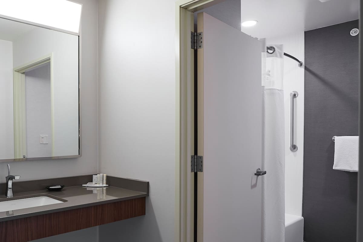 Huone, 1 suuri parisänky ja vuodesohva, tupakointi kielletty (Mobility/Hearing Accessible, Tub) | Kylpyhuone | Suihkun ja ammeen yhdistelmä, ilmaiset hygieniatuotteet, hiustenkuivaaja