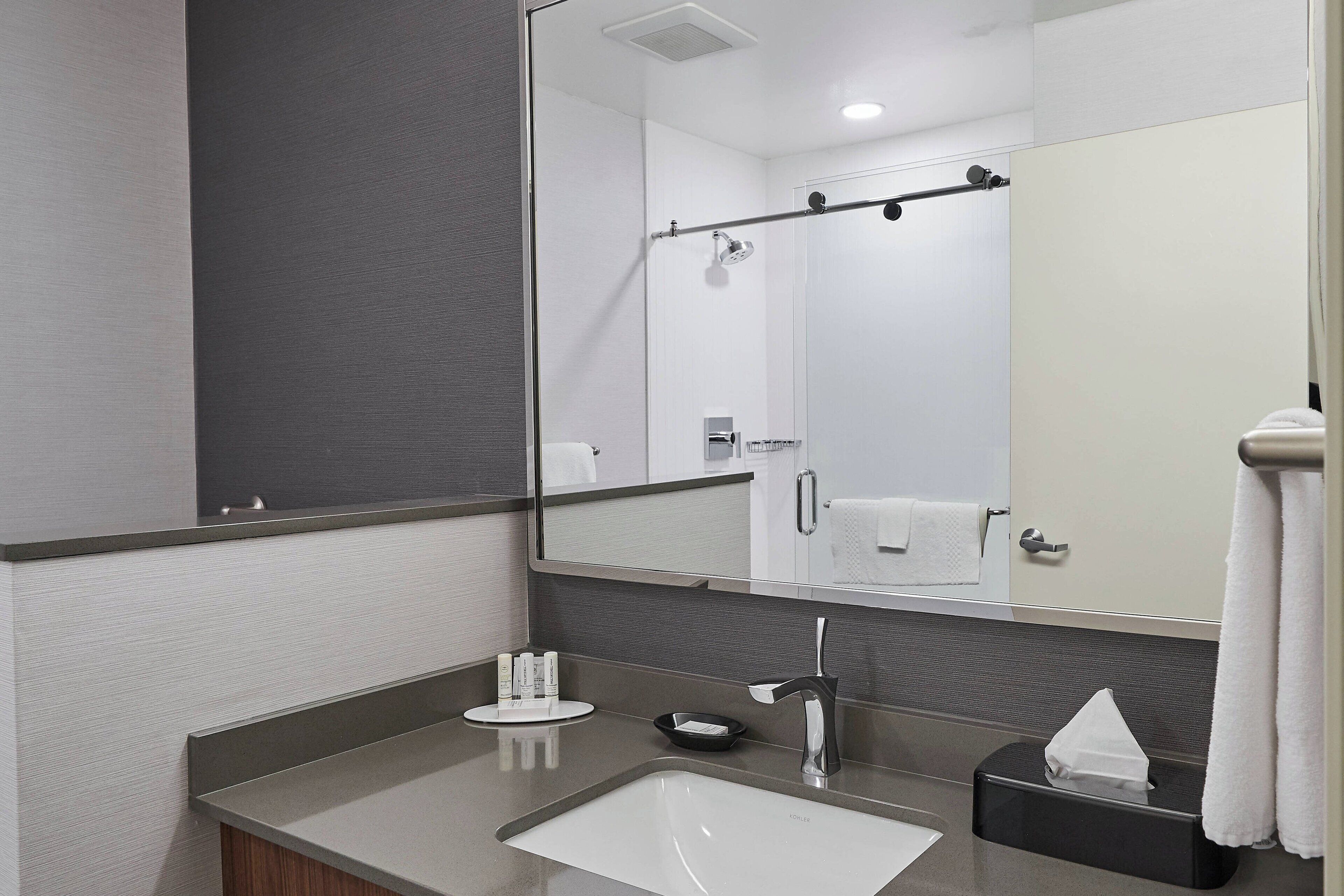 Une salle de bain moderne avec un grand miroir, un lavabo, un porte-serviettes et un espace douche.