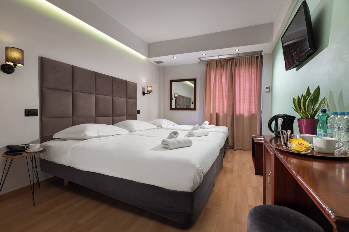 Una habitación de hotel con una cama grande, mesitas de noche, televisión, espejo y escritorio con una planta.