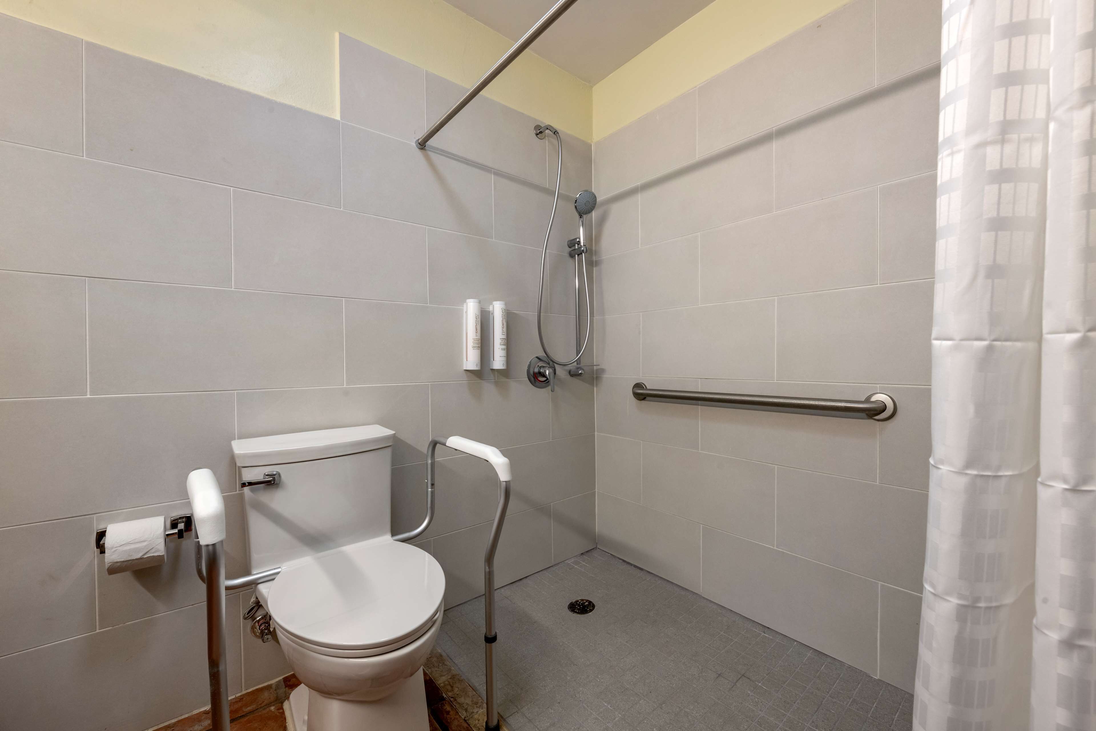 Un baño con inodoro, barras de apoyo, ducha y pasamanos.