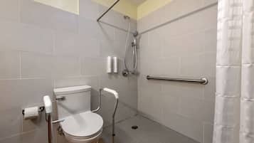 A bathroom with a toilet, grab bars, a shower, and a handrail.