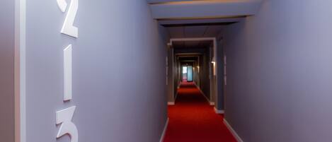 A hallway with a red carpet and white numbers indicating room 213.